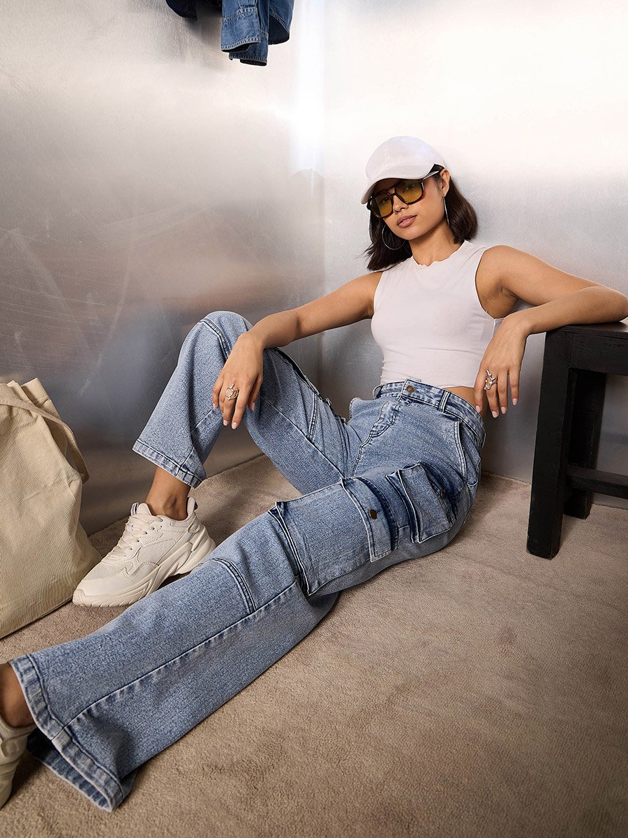 Blue High Rise Cargo Pocket Jeans