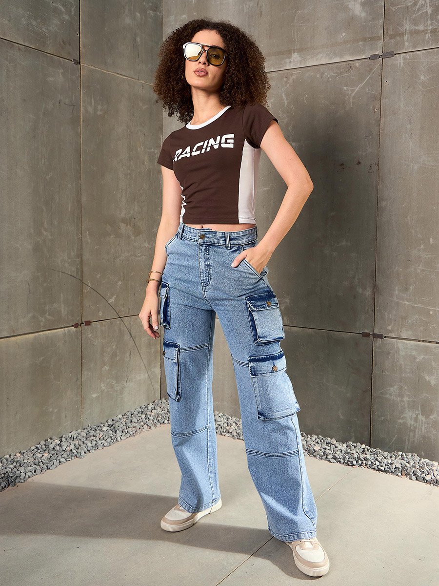 Blue High Rise Cargo Pocket Jeans