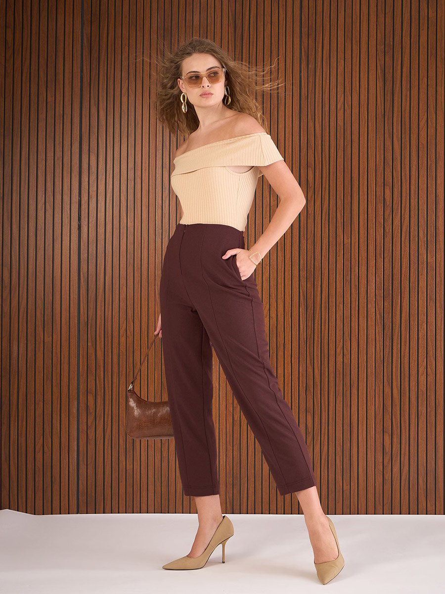 Women Burgundy Front Darted High Rise Pants