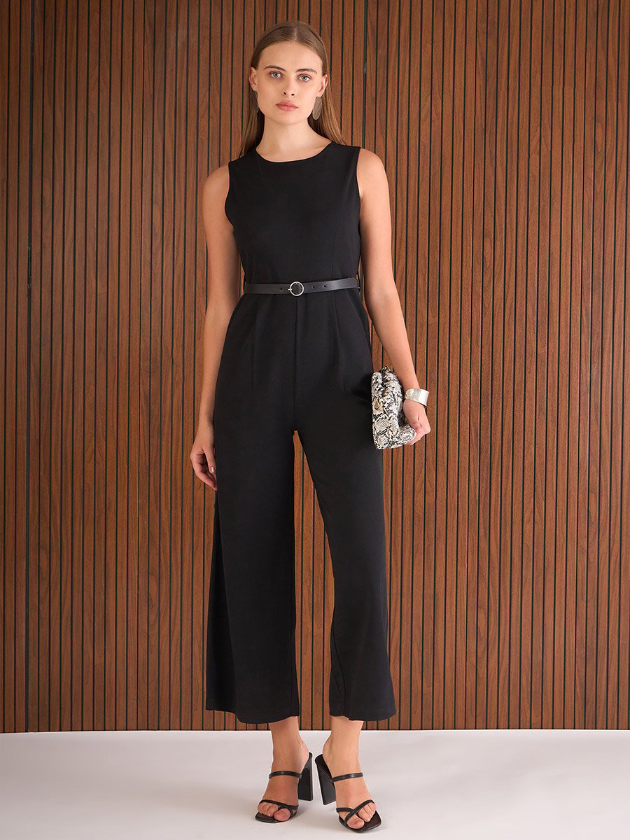 Black Straight Leg Belted Jumpsuit