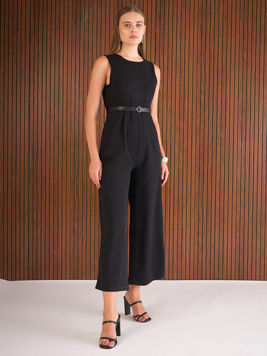 Black Straight Leg Belted Jumpsuit