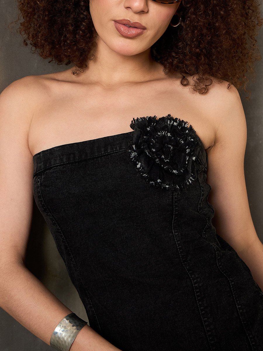 Acid Wash Denim Bandeau Top with Flower Corsage Detail