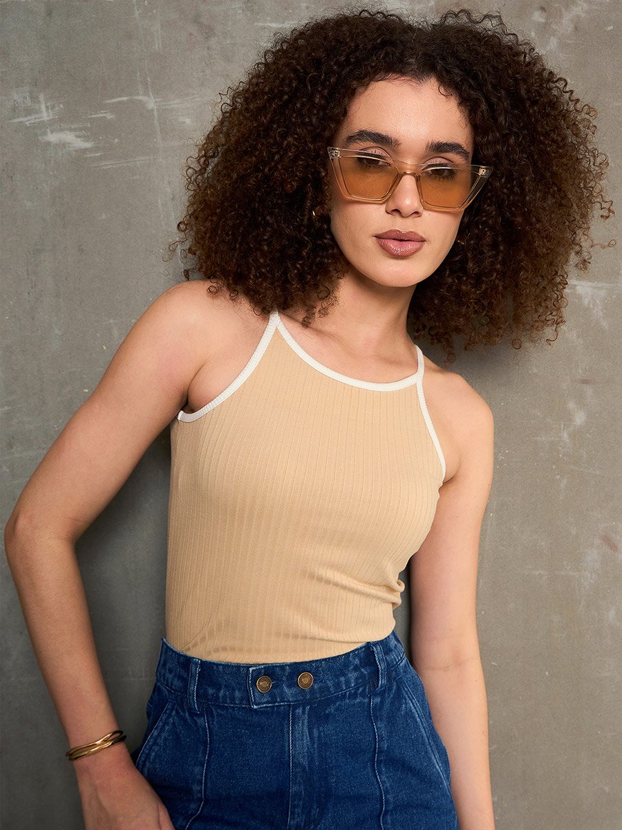 Beige Ribbed Contrast Piping Strappy Top