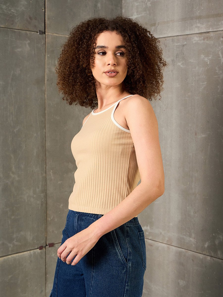 Beige Ribbed Contrast Piping Strappy Top