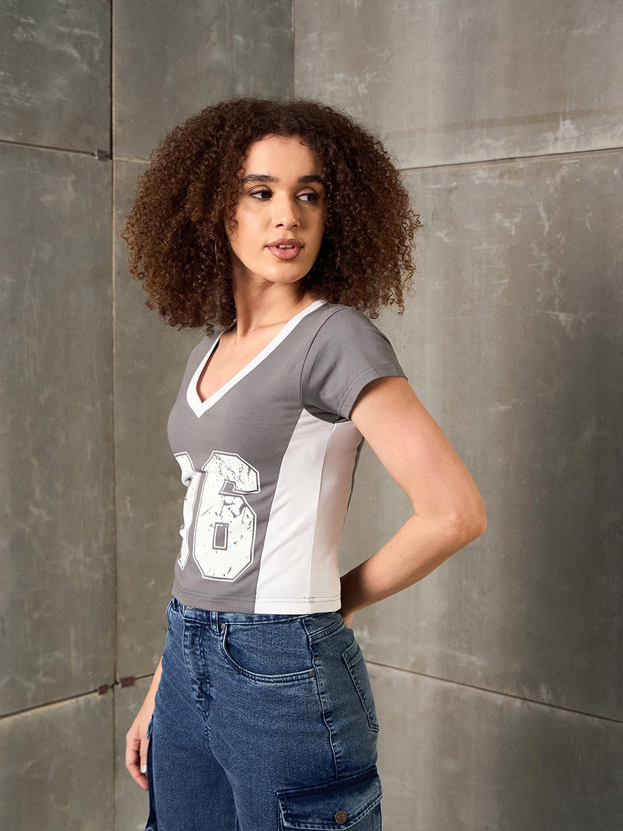 Grey Contrast Panel 96 Print V Neck Fitted T-Shirt
