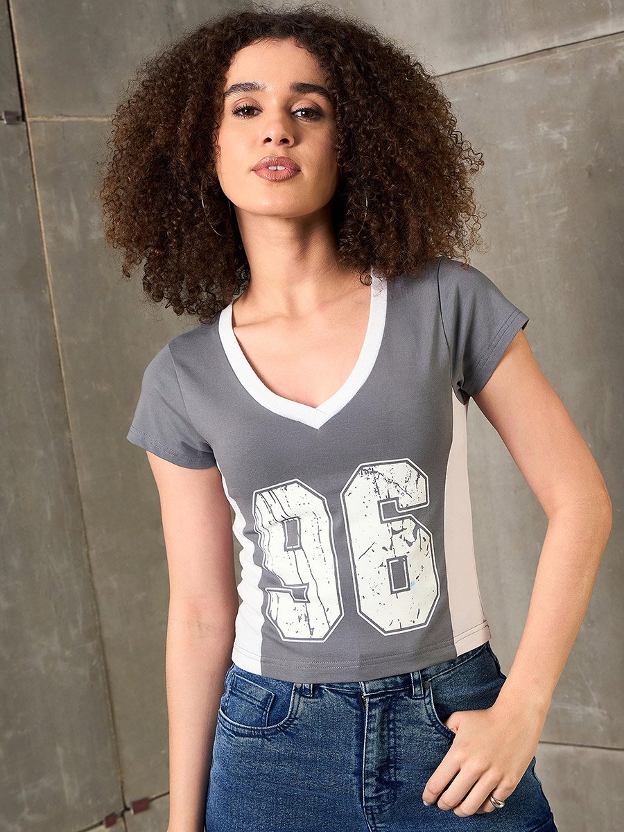 Grey Contrast Panel 96 Print V Neck Fitted T-Shirt