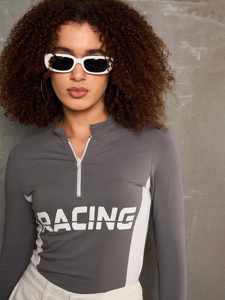 Grey Racing Print High Neck Fitted T-Shirt
