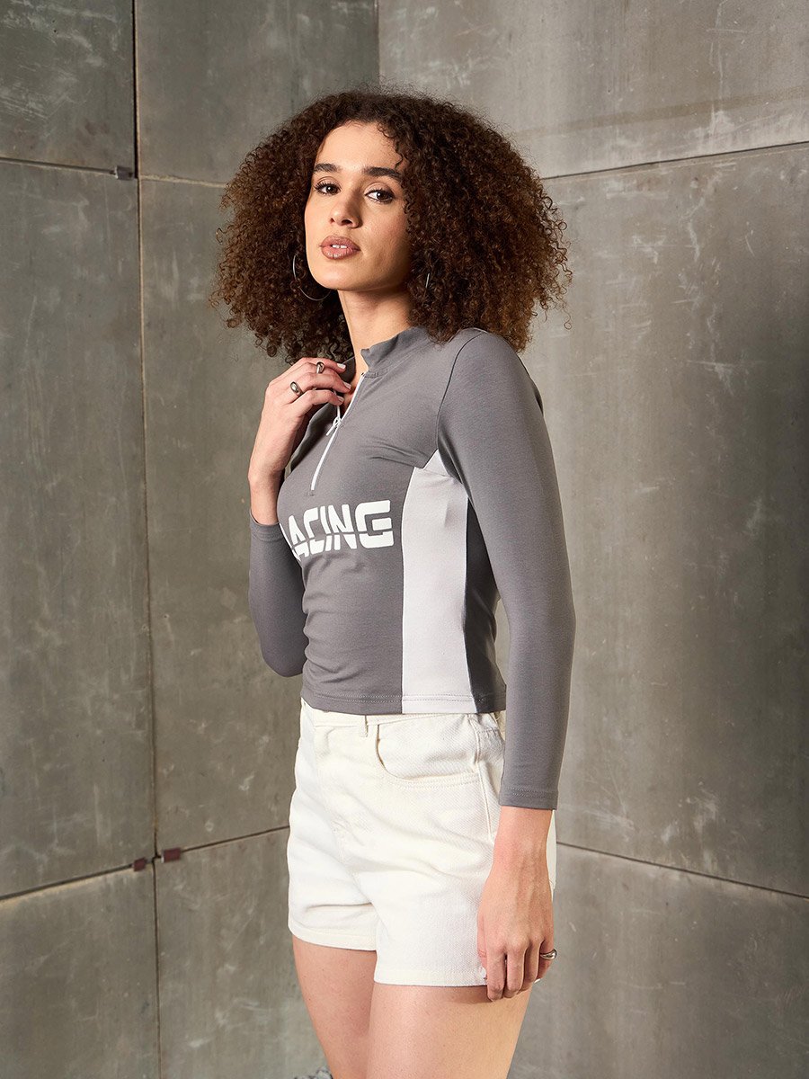 Grey Racing Print High Neck Fitted T-Shirt