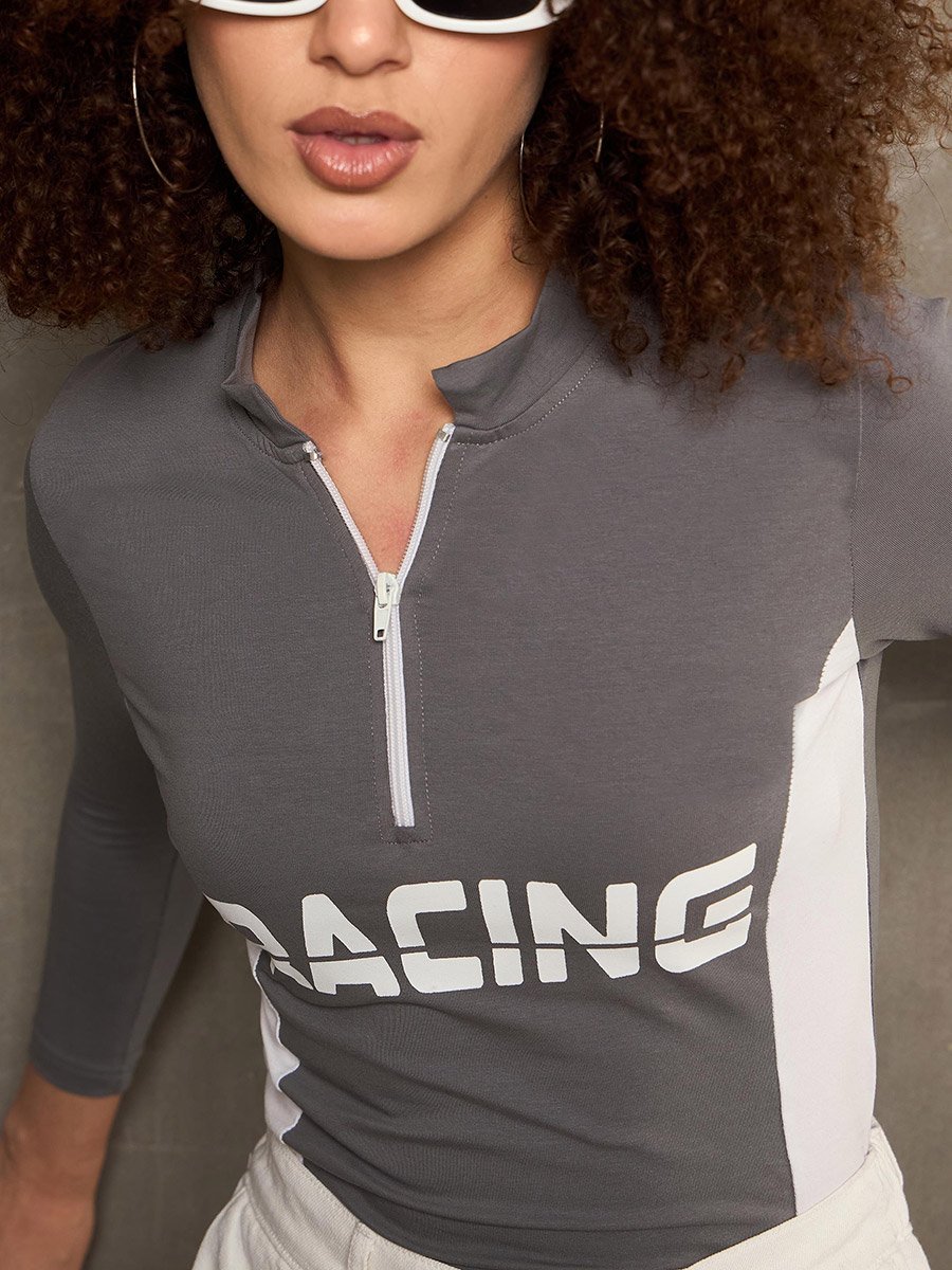 Grey Racing Print High Neck Fitted T-Shirt