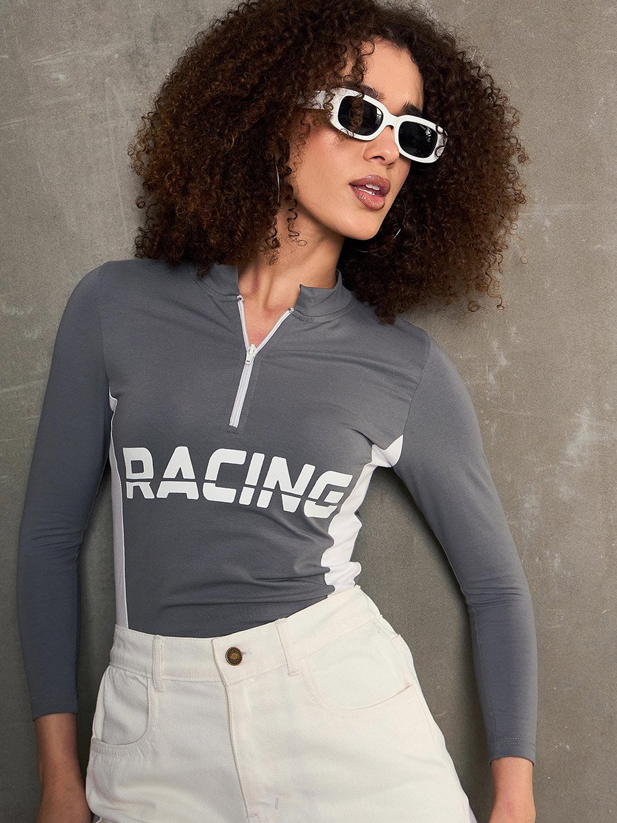 Grey Racing Print High Neck Fitted T-Shirt