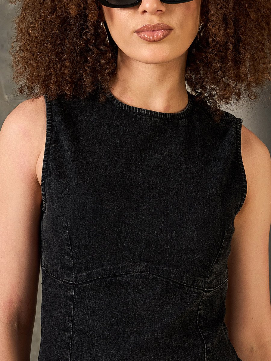 Women Black Washed Denim Sleeveless Sheath Mini Dress