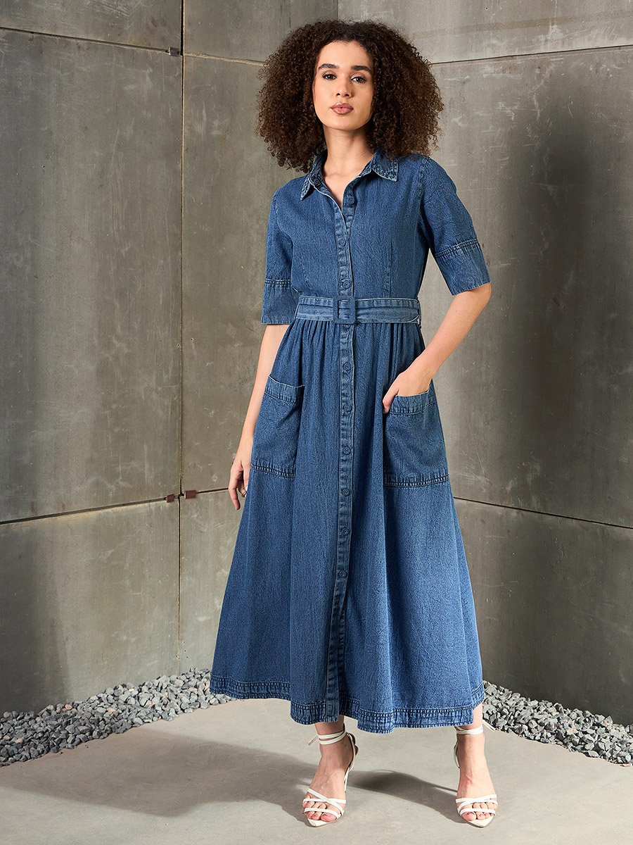 Blue Denim Buttoned A-Line Maxi Dress: For Women at Bahrain | Styli Blue Denim Buttoned A-Line Maxi Dress: For Women at Bahrain | Styli
