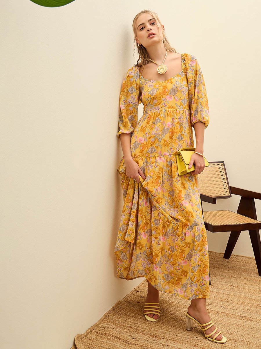 Yellow Floral Print A-Line Maxi Dress