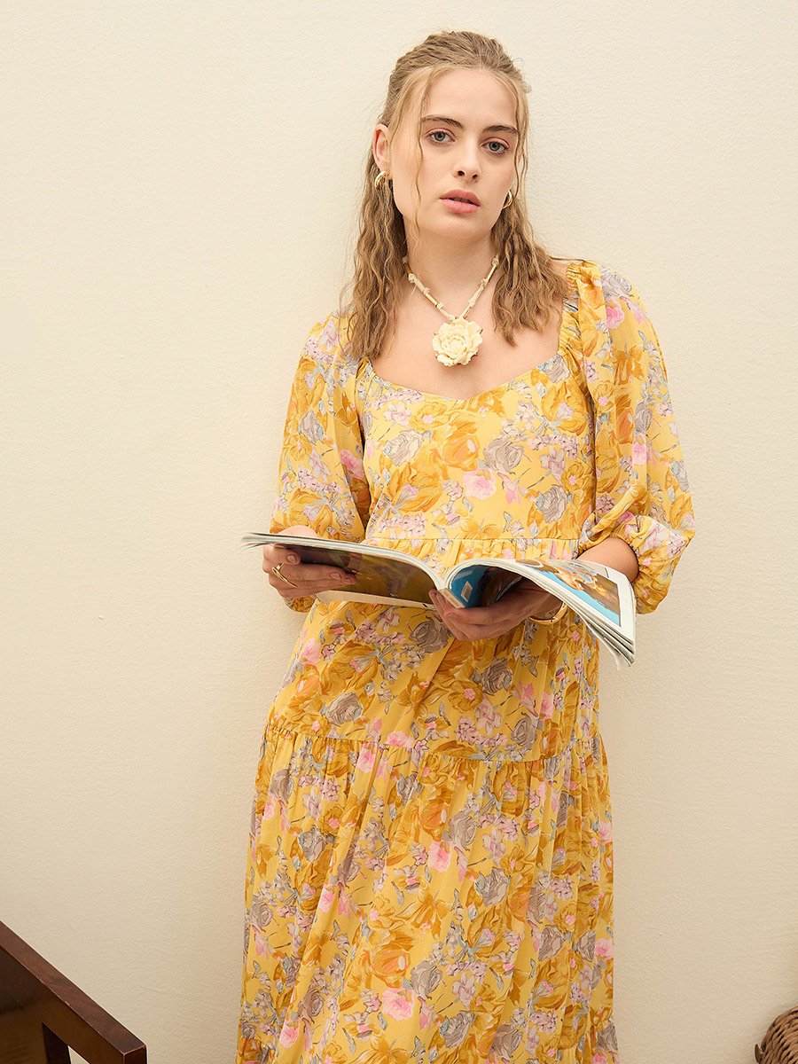 Yellow Floral Print A-Line Maxi Dress
