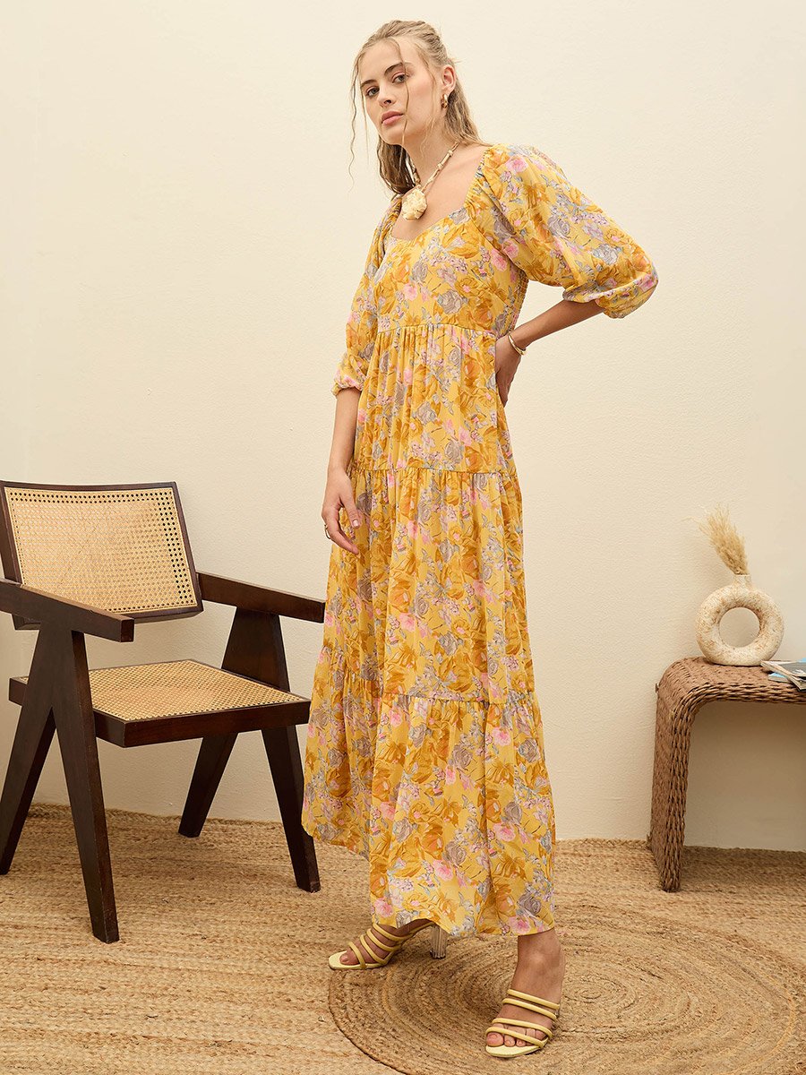 Yellow Floral Print A-Line Maxi Dress