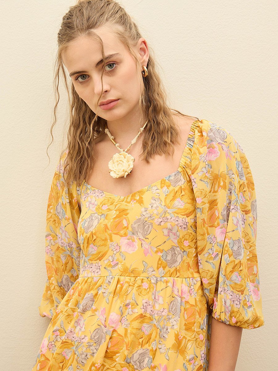 Yellow Floral Print A-Line Maxi Dress