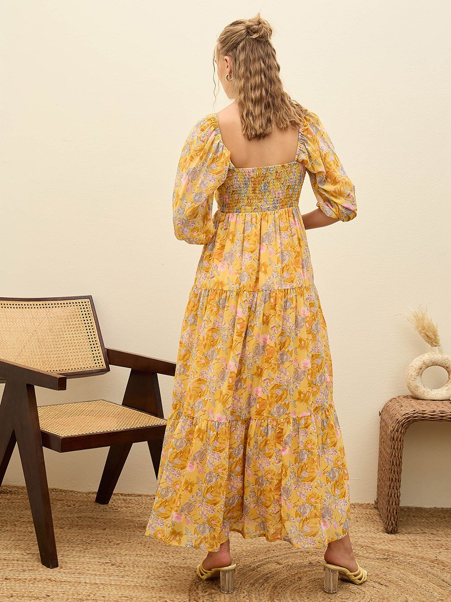 Yellow Floral Print A-Line Maxi Dress