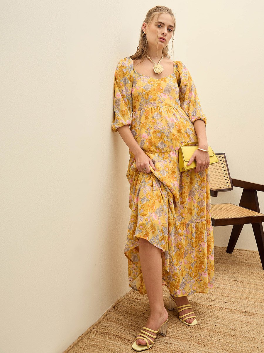 Yellow Floral Print A-Line Maxi Dress