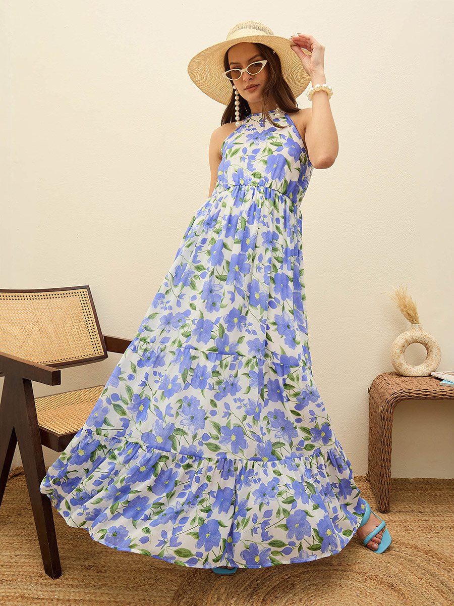 Blue Floral Print Halter Neck Maxi Dress