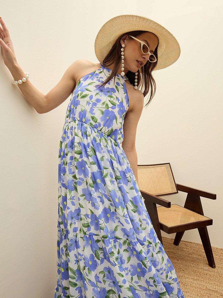 Blue Floral Print Halter Neck Maxi Dress