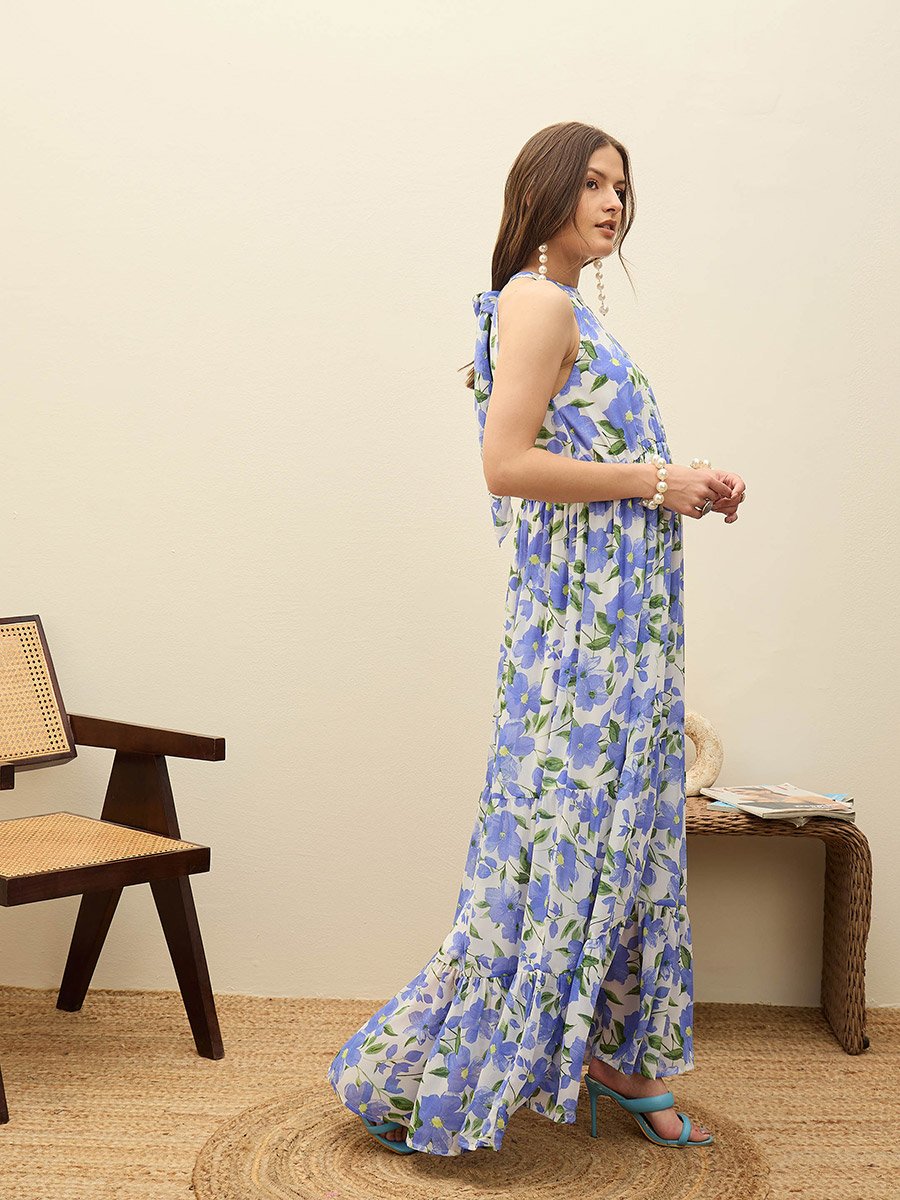 Blue Floral Print Halter Neck Maxi Dress