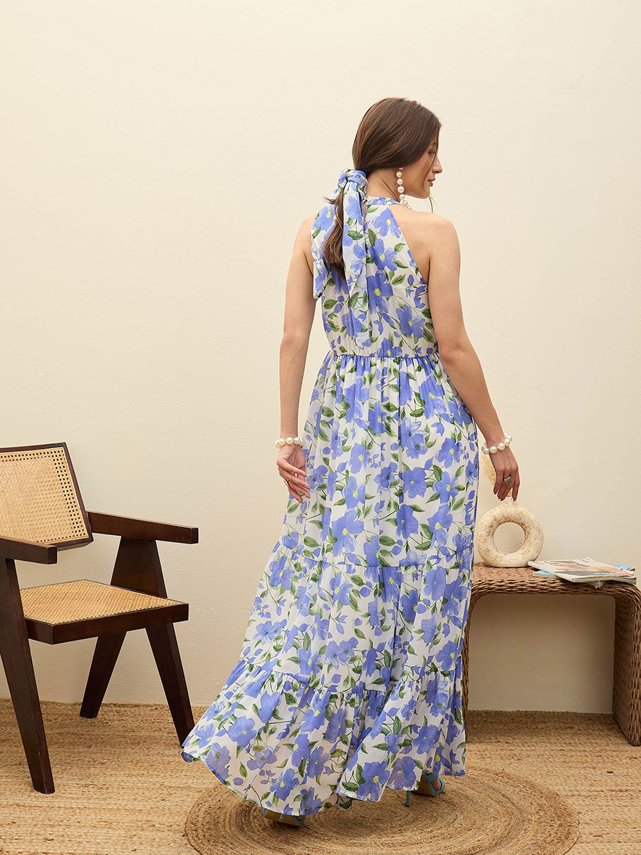 Blue Floral Print Halter Neck Maxi Dress