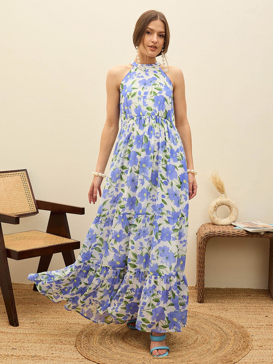 Blue Floral Print Halter Neck Maxi Dress