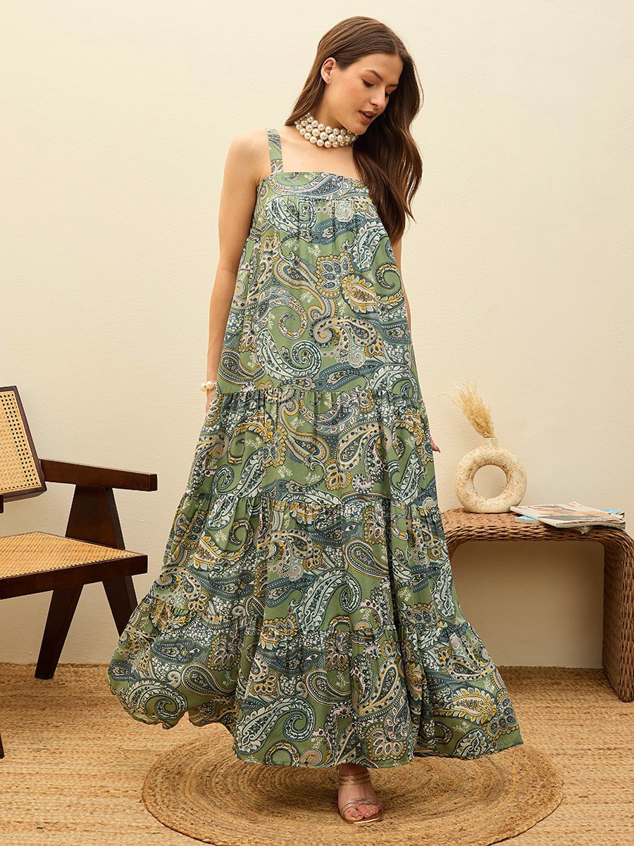 slim fit dress slacks Green Paisley Ottie Plunge Midi Dress