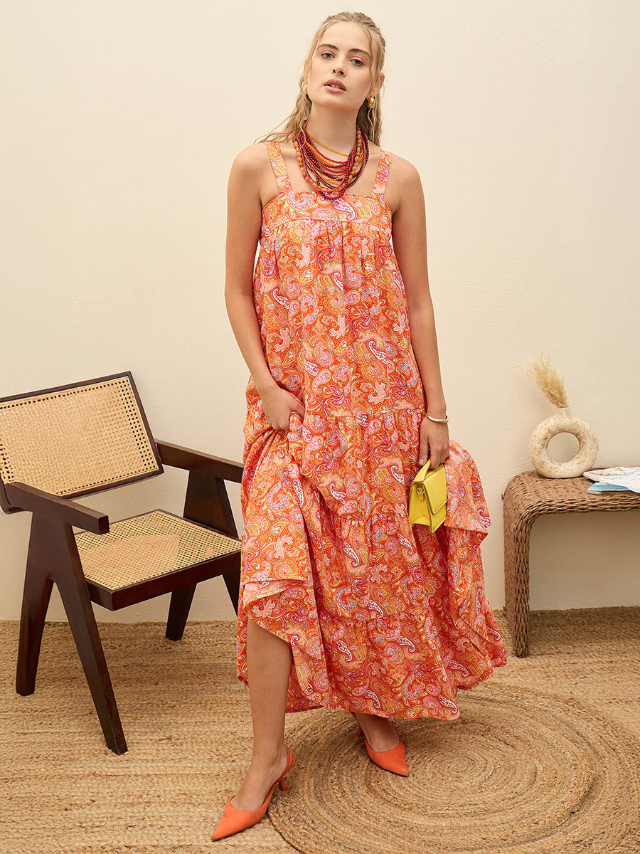Orange Paisley Print Sleeveless Tiered Maxi Dress