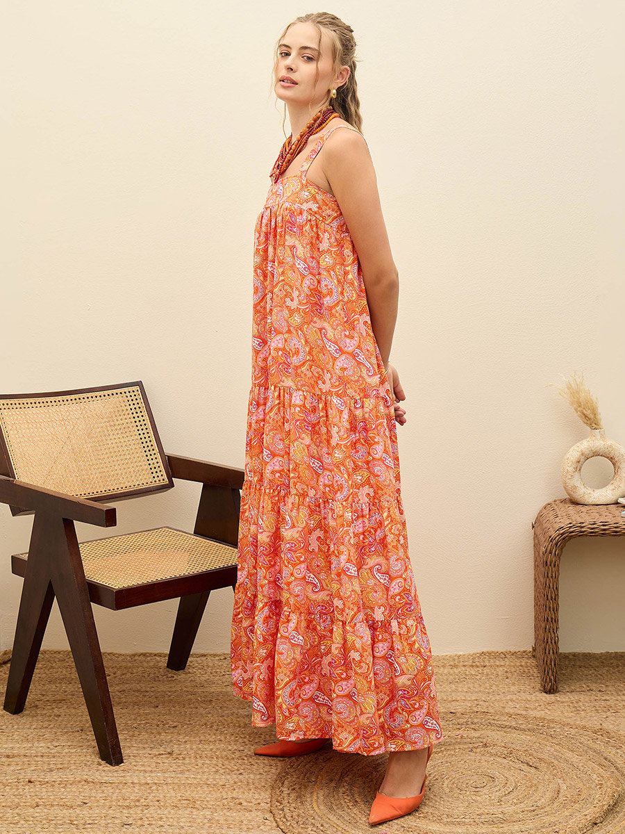 Orange Paisley Print Sleeveless Tiered Maxi Dress