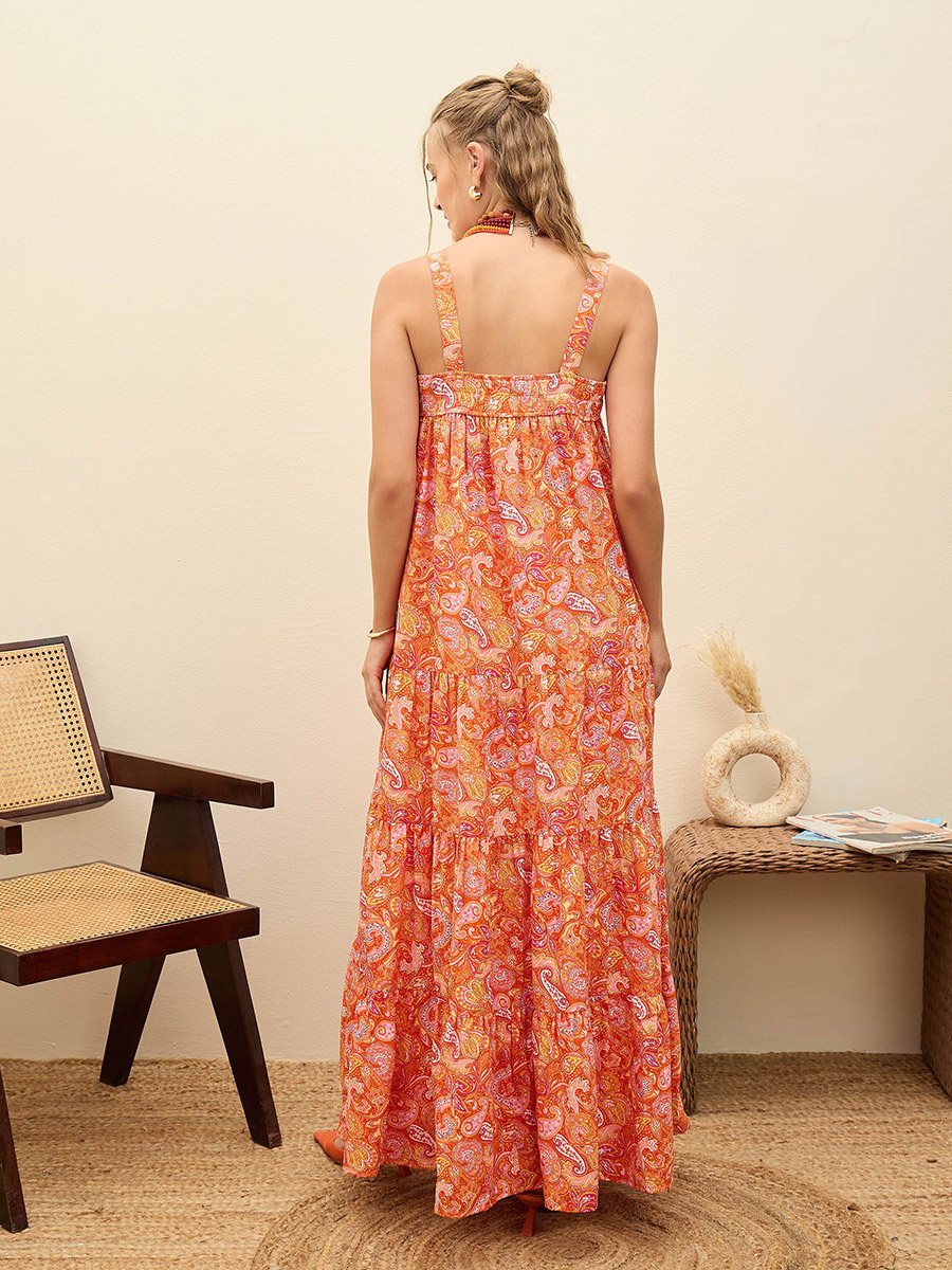 Orange Paisley Print Sleeveless Tiered Maxi Dress
