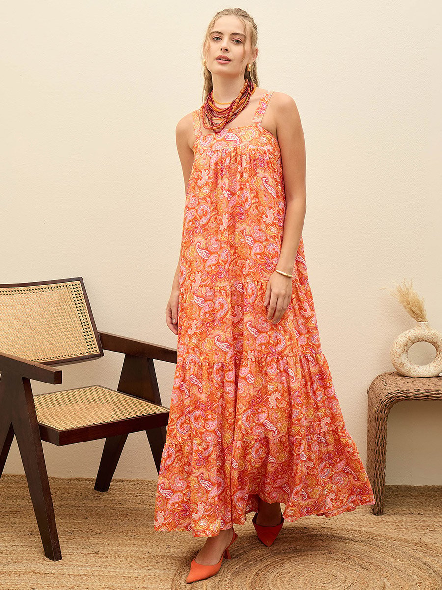 Orange Paisley Print Sleeveless Tiered Maxi Dress