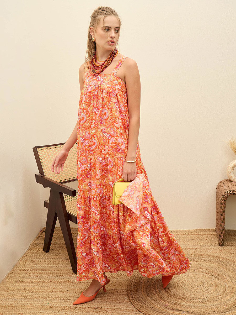 Orange Paisley Print Sleeveless Tiered Maxi Dress