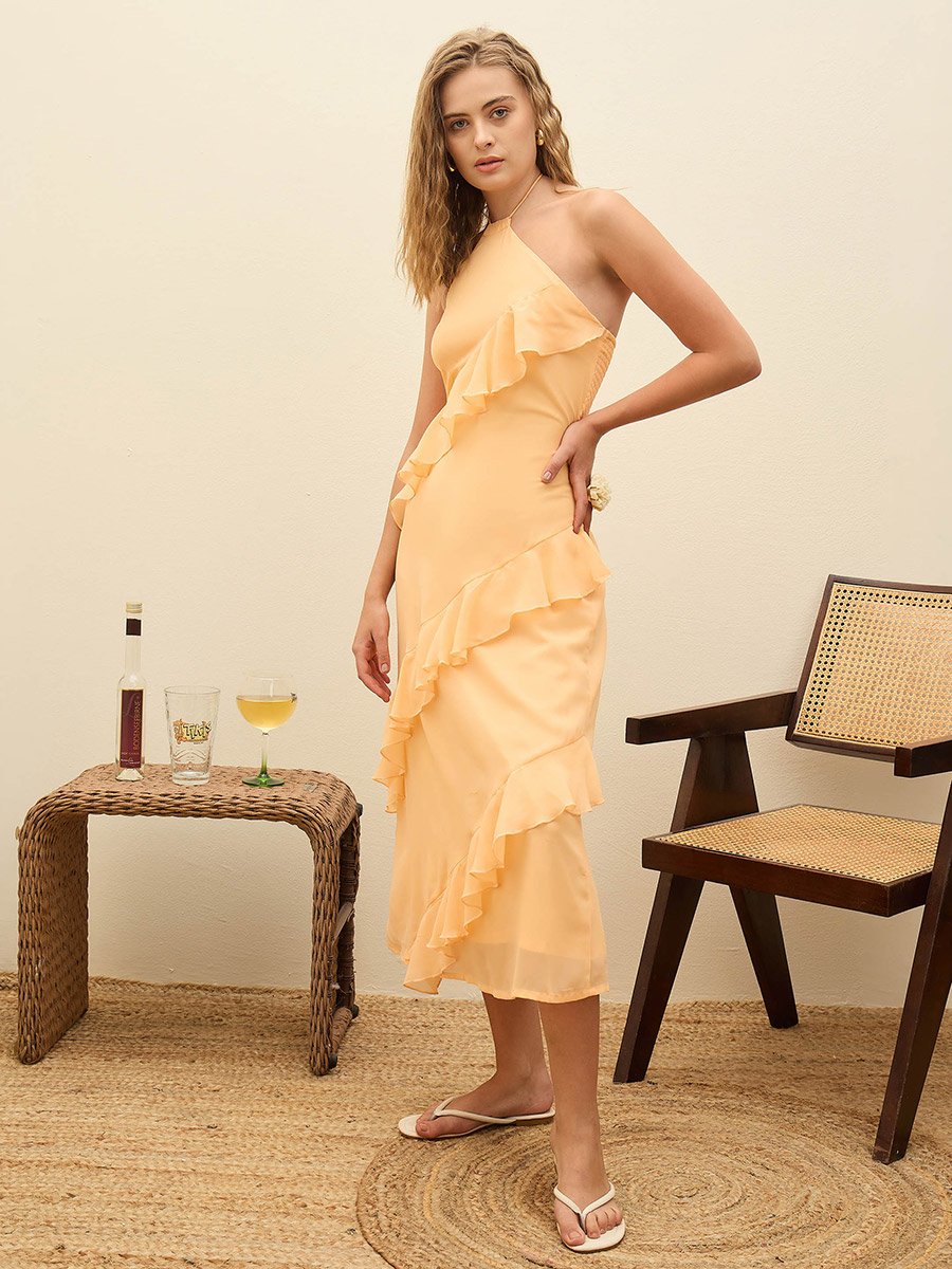 Peach Solid Frill Halter Neck Midi Dress