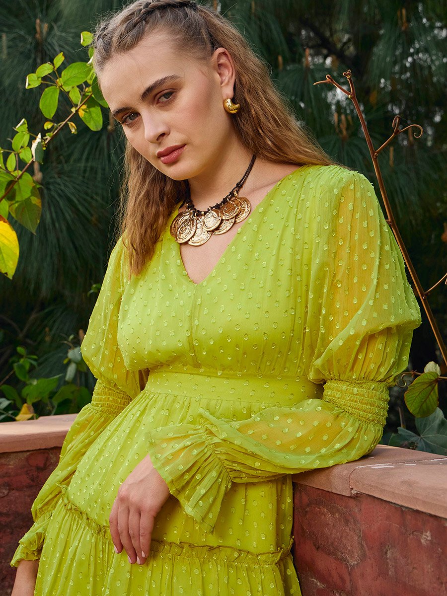 Green Dobby V Neck A-Line Mini Dress For Women at Saudi | Styli