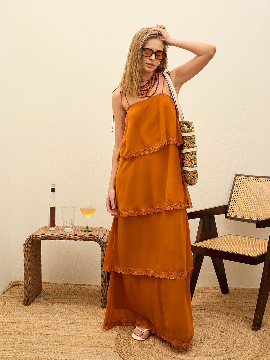 Brown Lace Detail Strappy Tiered Maxi Dress