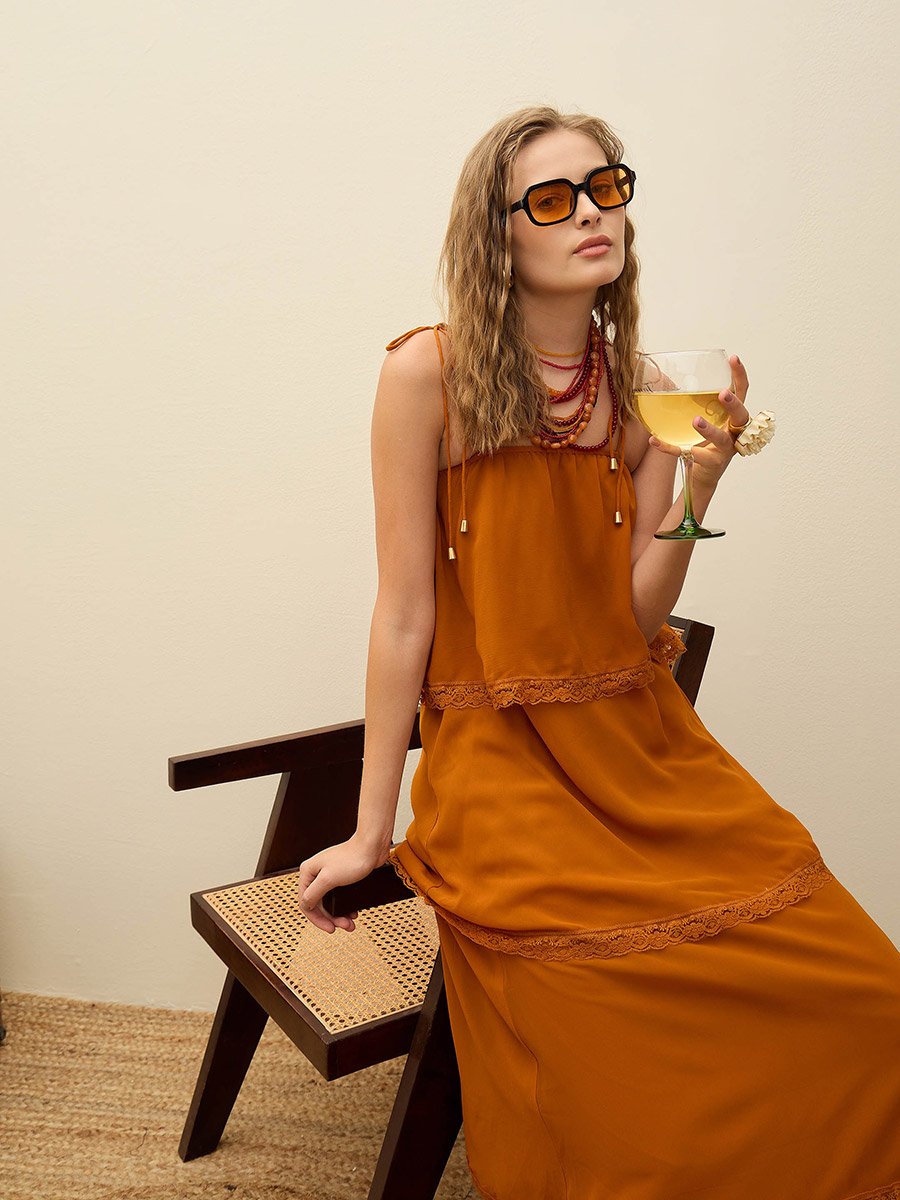 Brown Lace Detail Strappy Tiered Maxi Dress
