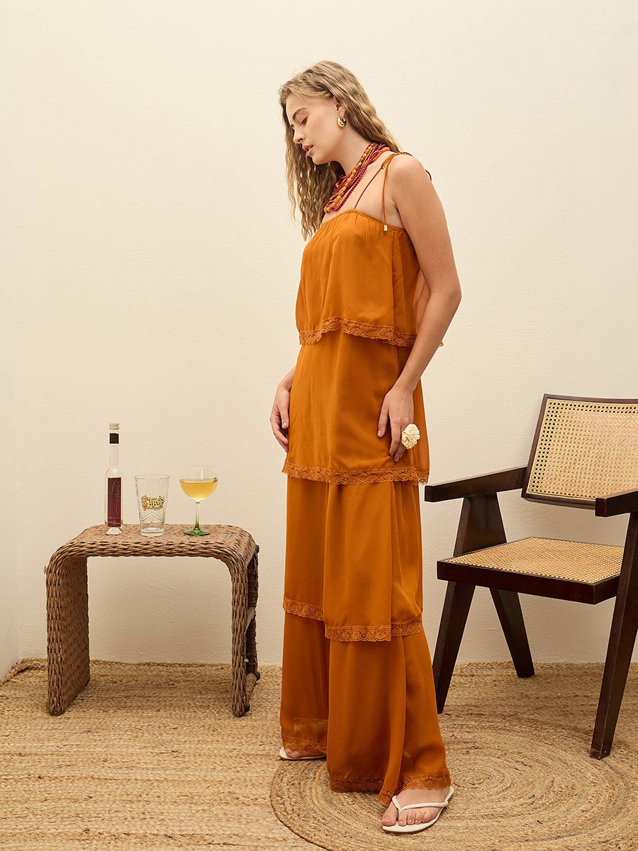 Brown Lace Detail Strappy Tiered Maxi Dress