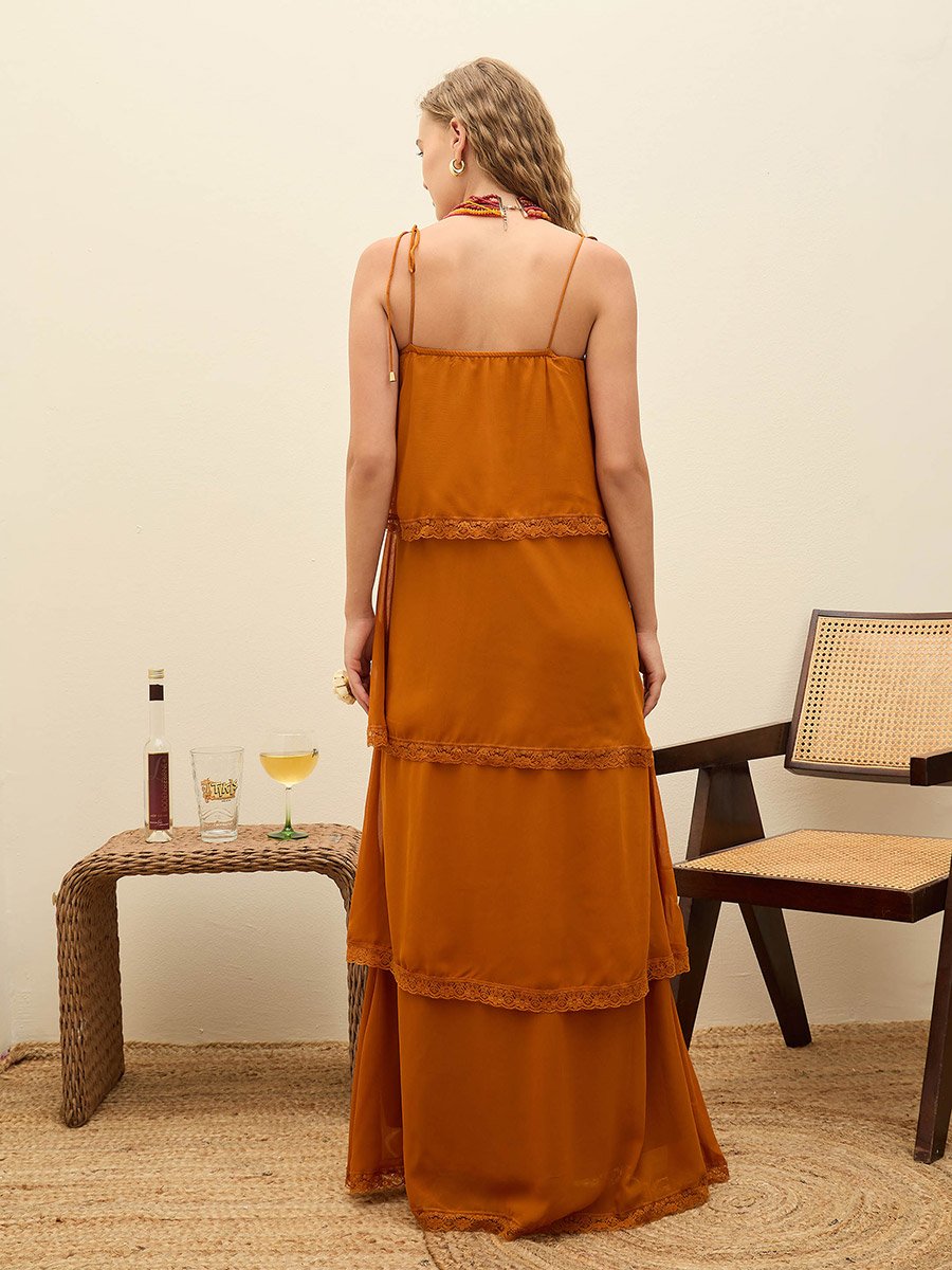 Brown Lace Detail Strappy Tiered Maxi Dress