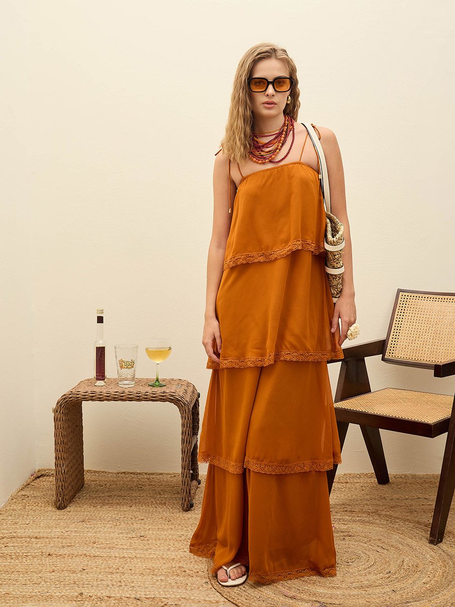 Brown Lace Detail Strappy Tiered Maxi Dress