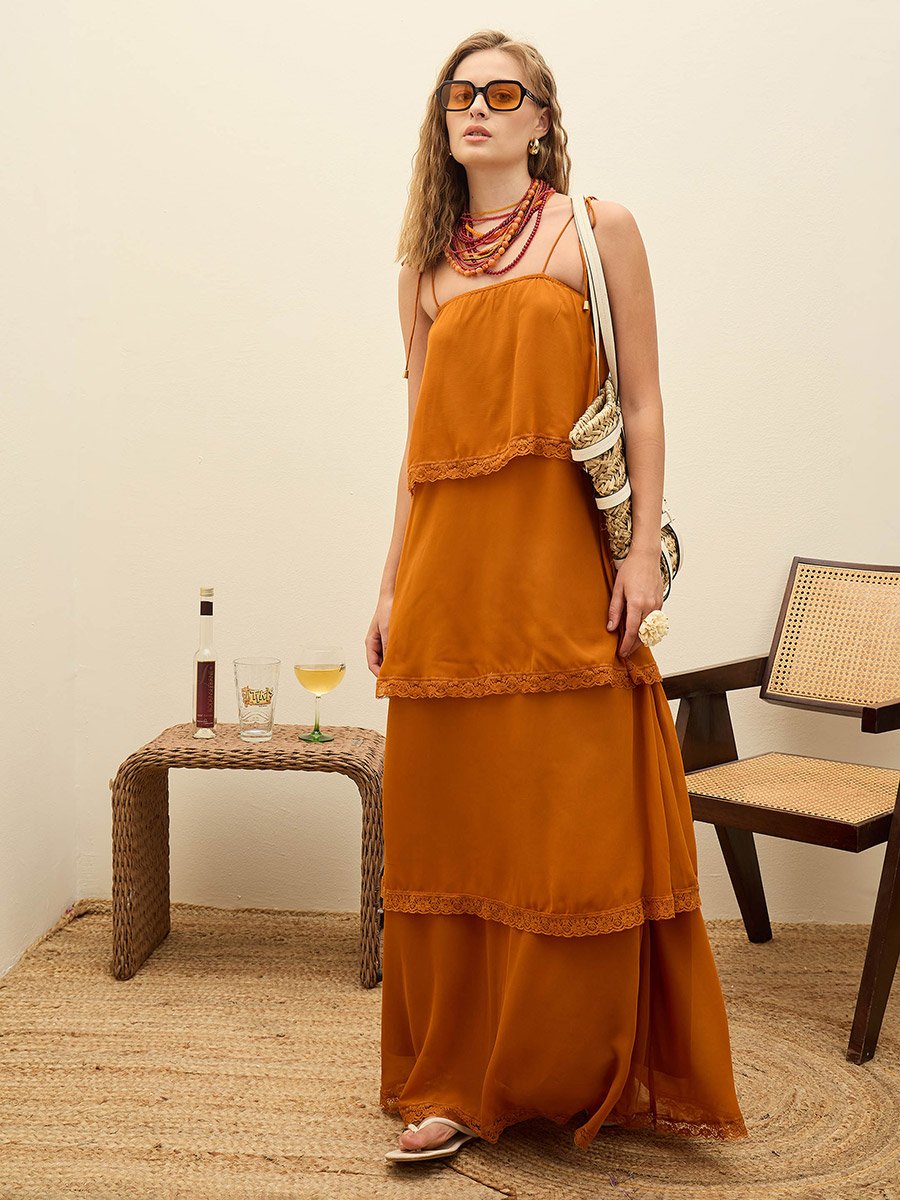Brown Lace Detail Strappy Tiered Maxi Dress