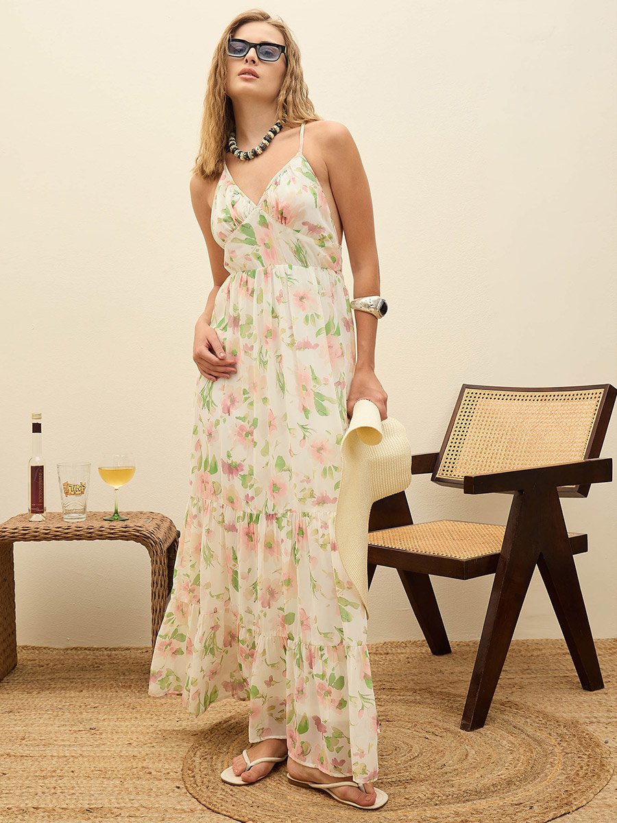 White All-Over Floral Print Back Cut Out Detail A-Line Maxi Dress