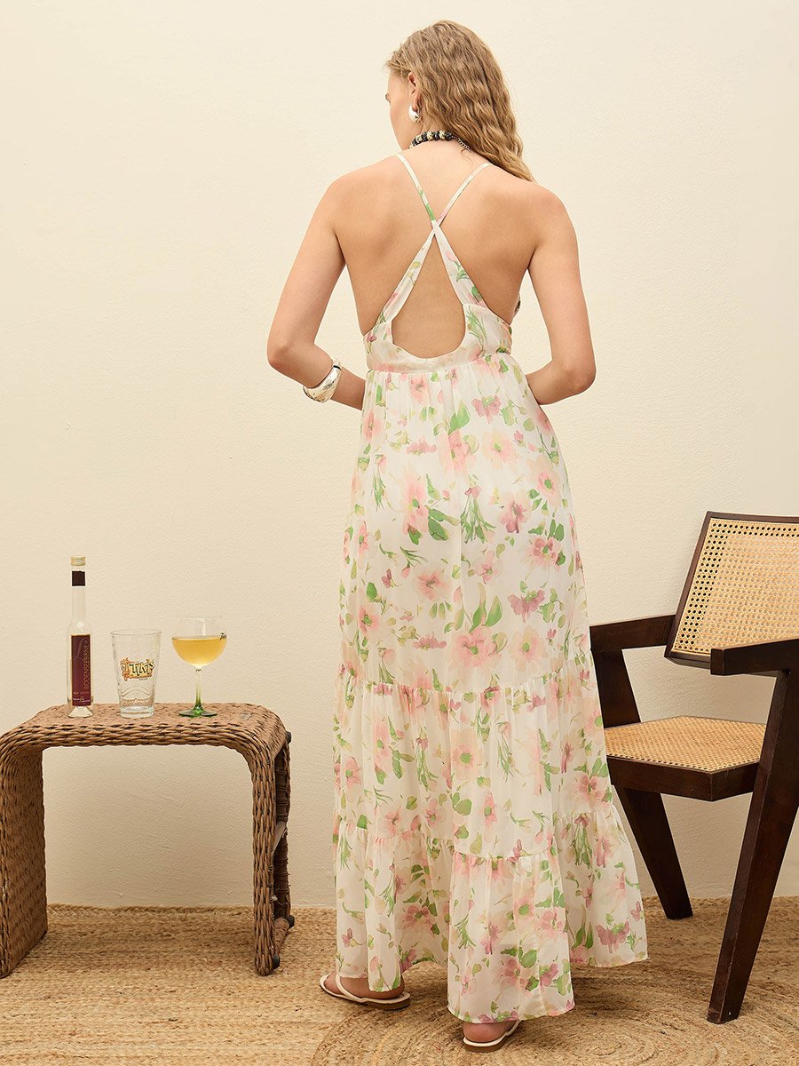 White All-Over Floral Print Back Cut Out Detail A-Line Maxi Dress