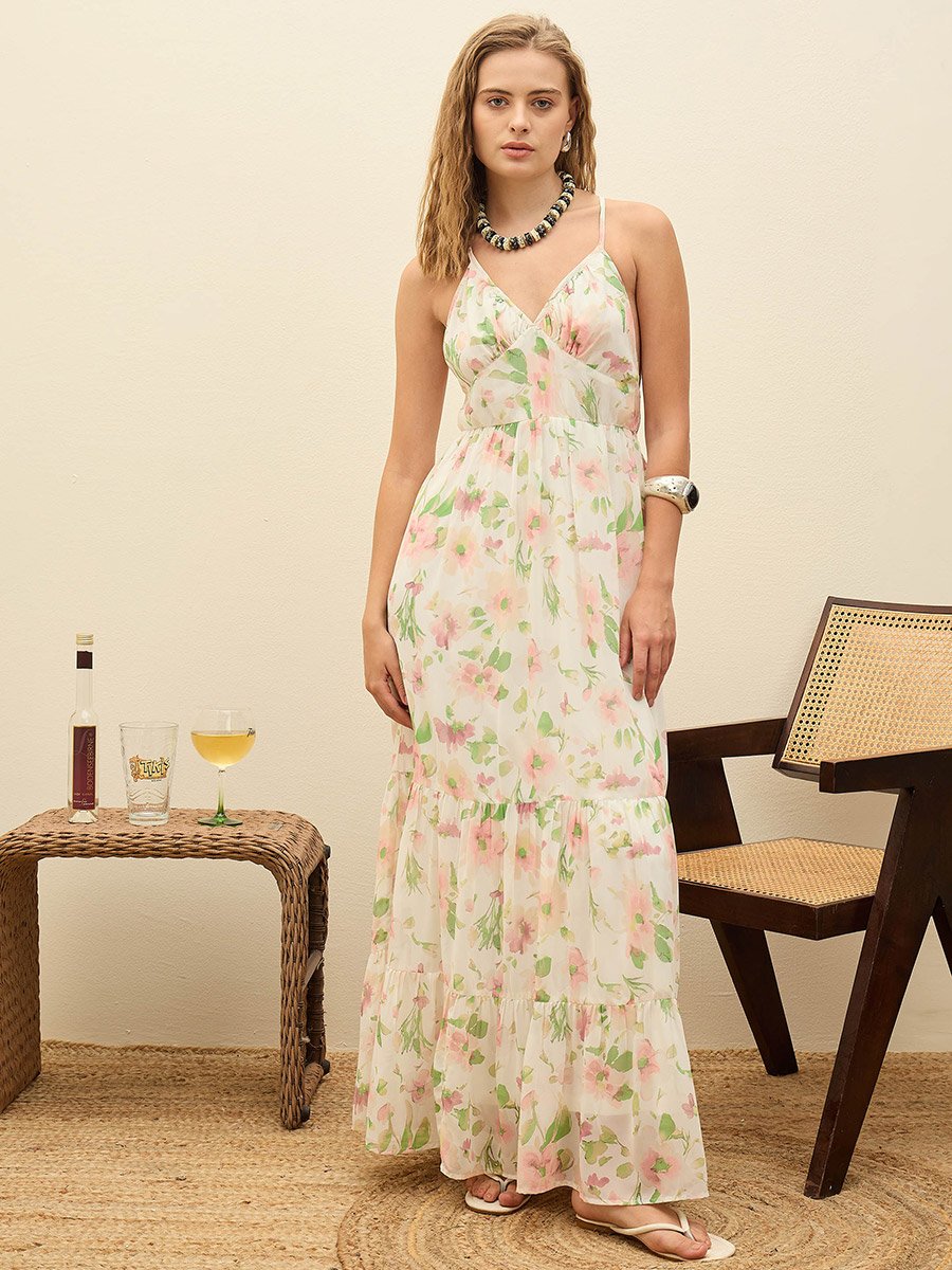 White All-Over Floral Print Back Cut Out Detail A-Line Maxi Dress