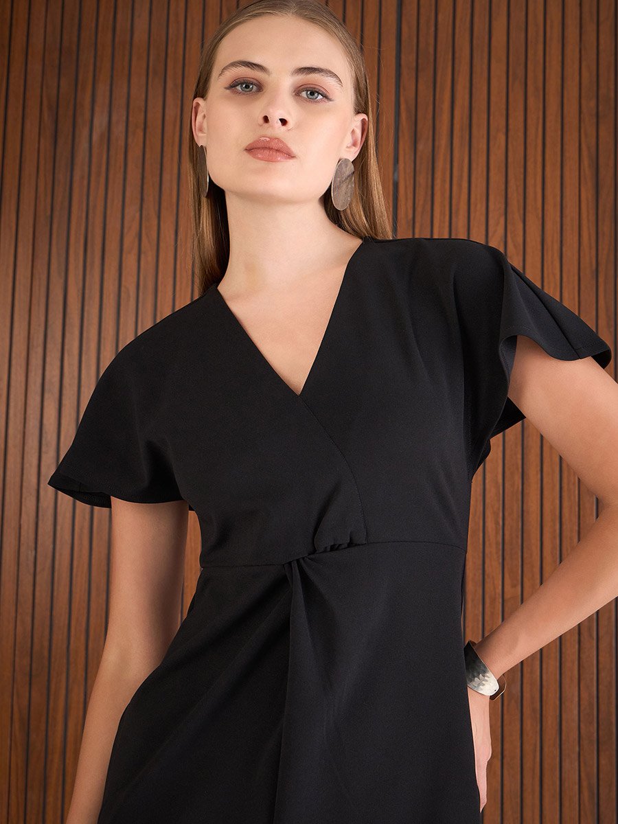 flare maxi dress with sleeves Women Plus Size Solid Black V-Neck Flutter Sleeve Tie-Up Waist Flared  A-Line Wrap Mini Dress