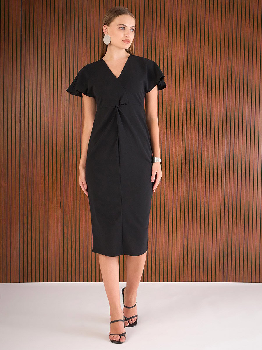 Black Solid Flared Sleeves Sheath Midi Dress