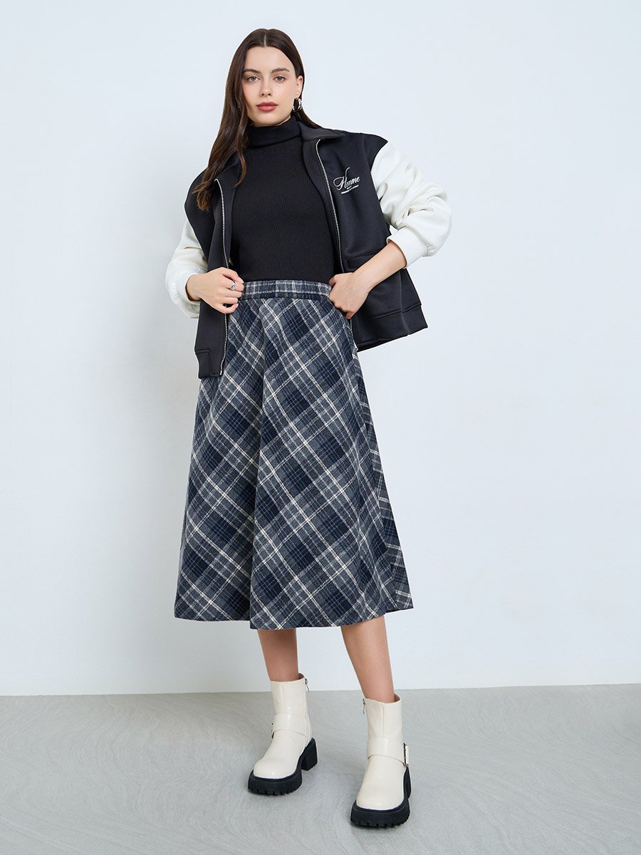 Checked Elastic Waistband A-Line Midi Skirt
