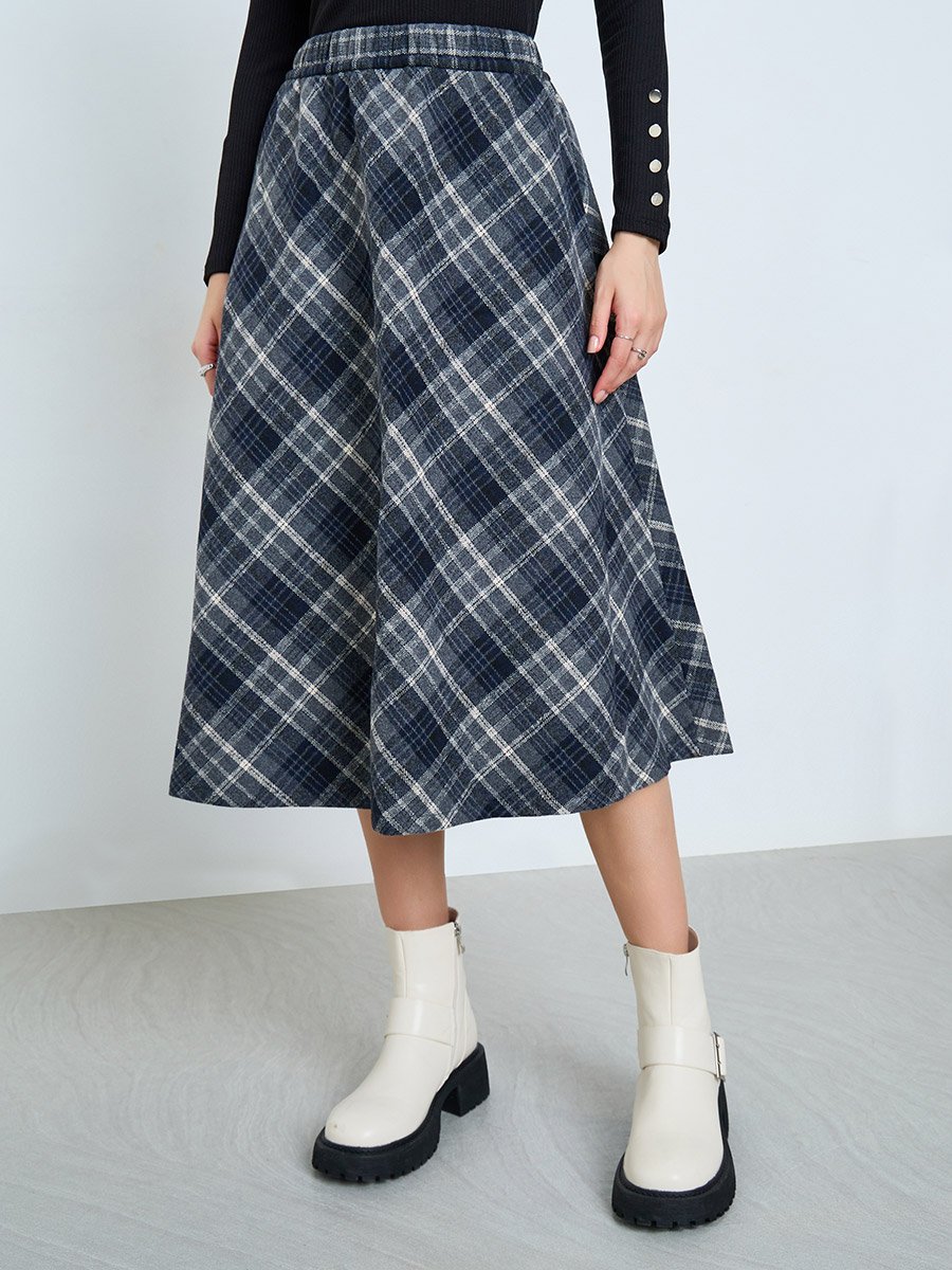 Checked Elastic Waistband A-Line Midi Skirt