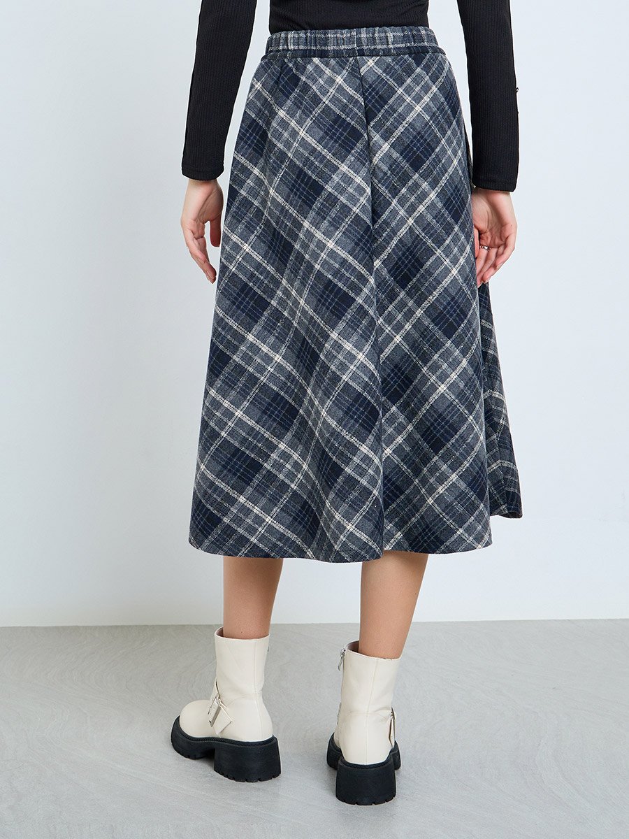 Checked Elastic Waistband A-Line Midi Skirt
