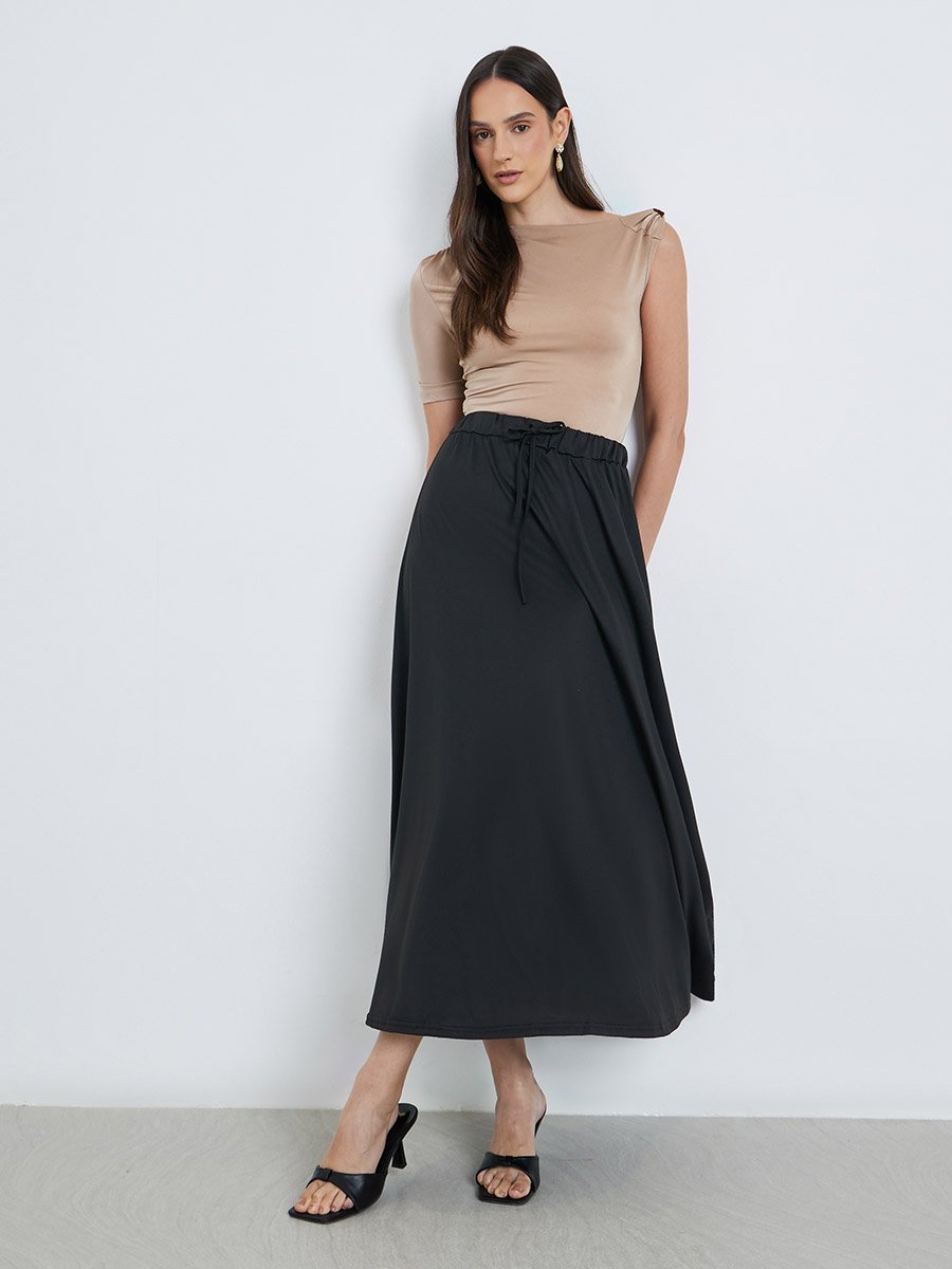 Women Solid Midi Skirt with Drawstring